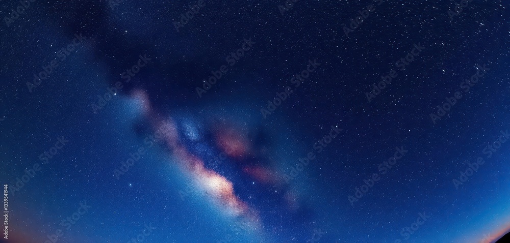Fototapeta premium Vast, swirling Milky Way panorama showcasing cosmic dust and star clusters, night sky, stellar