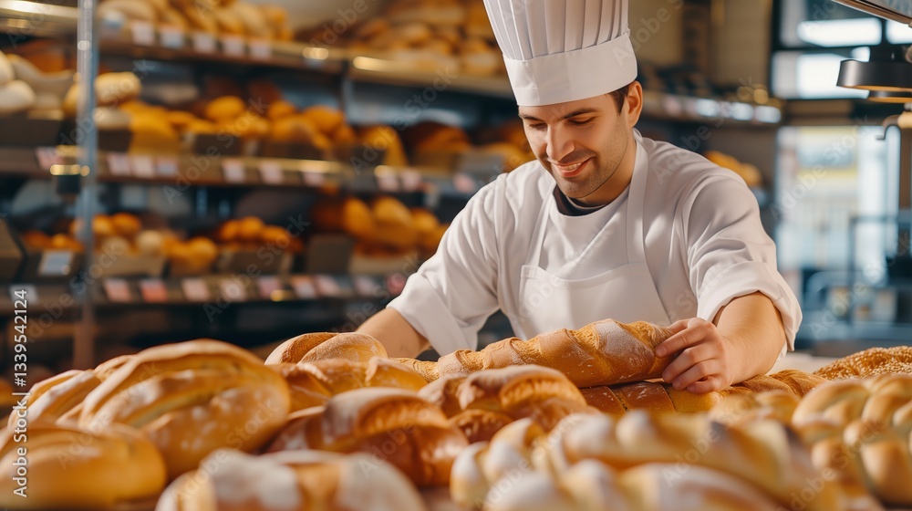 Baker prepares fresh bread in the bakery for sale in shop