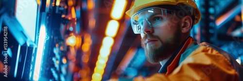 electrician and engineer work on an electrical circuit with many cables for communication and data transfer