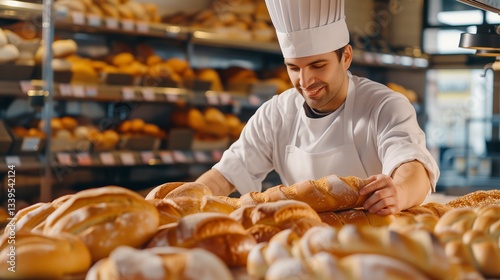 Baker prepares fresh bread in the bakery for sale in shop