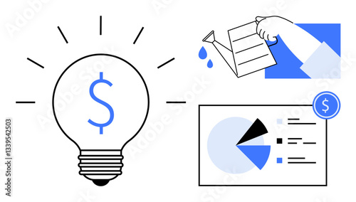 Light bulb with dollar sign, hand pouring water with watering can, and financial pie chart. Ideal for investment advice, financial growth, saving, innovation, business planning, and profitability