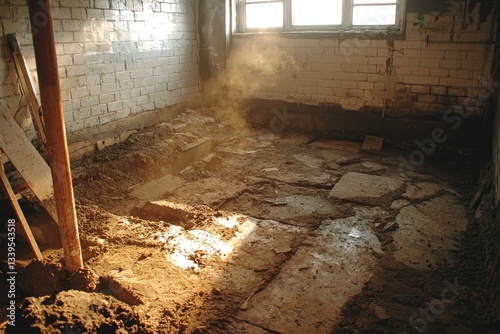 A basement during a renovation, with a mix of wet cement, paint fumes, and mustiness in the air, representing the strong, industrial odors from construction