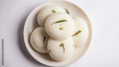 Top View of Fluffy White Idlis on Plate Fresh Presentation