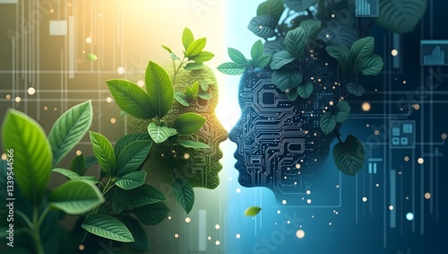 Futuristic concept of nature and technology fusion, sustainable digital eco-tech evolution