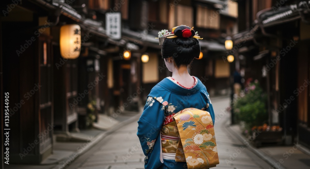 Fototapeta premium Woman Wearing Kimono Walking Down Traditional Japanese Street Alley