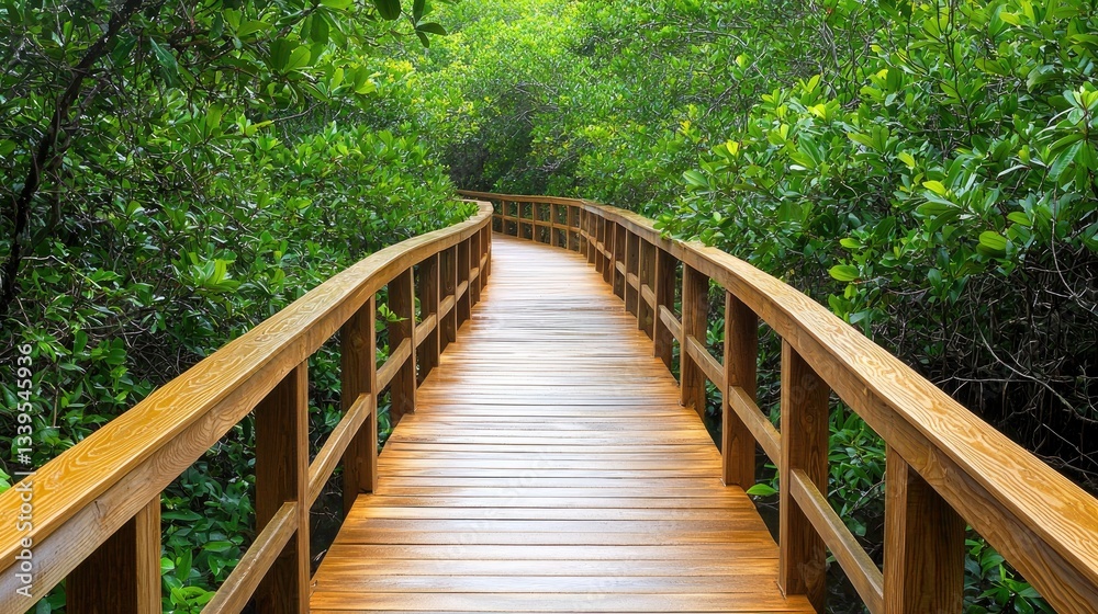 Obraz premium A wooden boardwalk at dusk, framed by rich marsh vegetation, offering a pathway to scenic beauty and peaceful reflection.