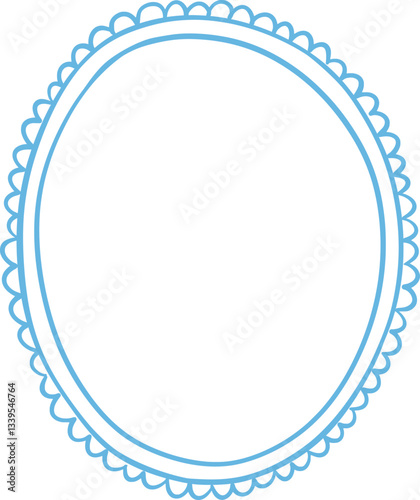 Oval decorative vector frame with scalloped edge. Romantic clipart element in hand-drawn style. Isolated decoration in blue color.