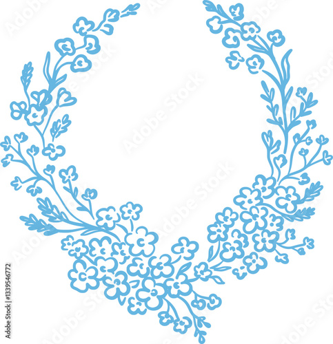 Elegant hand-drawn floral wreath with decorative blue flowers and leaves. Spring vector design. Whimsical botanical frame with copy space.