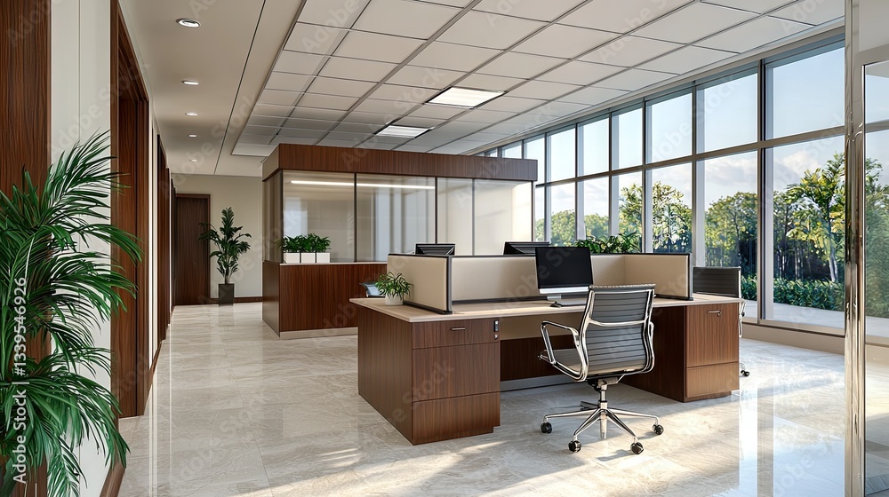 Fototapeta premium An office space with global business professionals using advanced digital data systems.