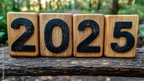 Wooden blocks spelling 2025 in a forest. photo