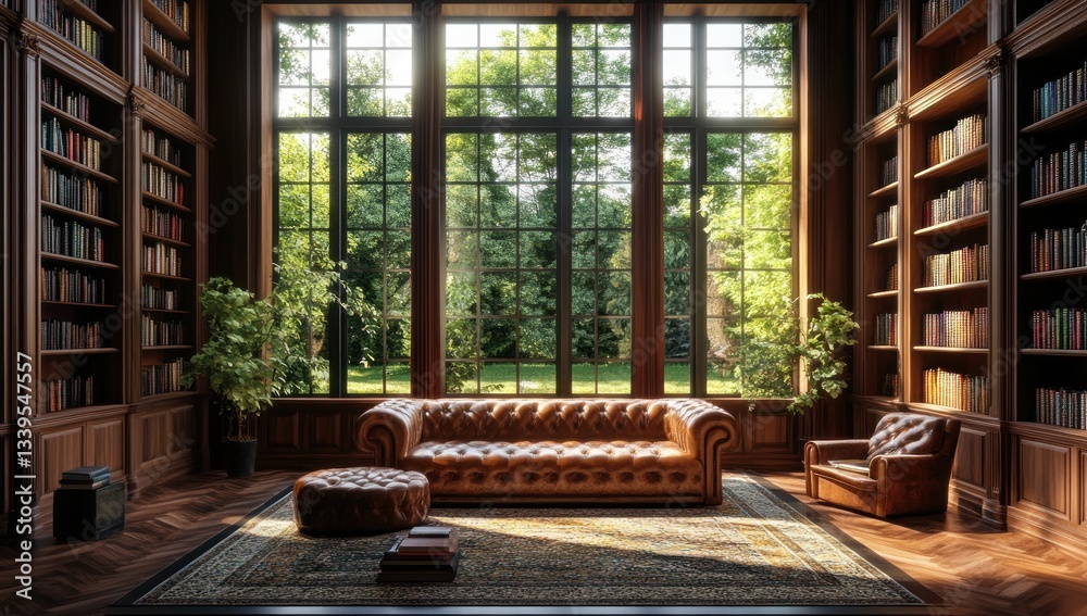Fototapeta premium Serene Library with Luxurious Leather Furniture and a Garden View