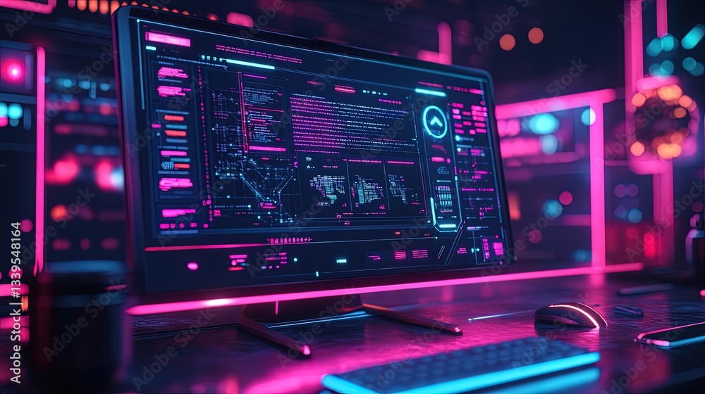 Futuristic desktop mockup showcasing a tech blog homepage, glowing in neon lighting Futuristic desktop mockup showcasing a tech blog homepage, glowing in neon lighting