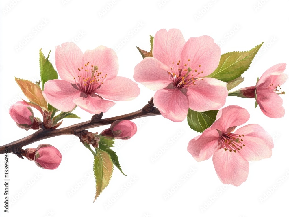 Obraz premium Delicate pink cherry blossoms on a branch against a white background watercolor style floral art spring bloom botanical illustration