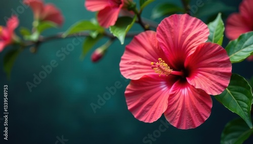 Bold tropical hibiscus blooms, vibrant color palette, holiday, fabric