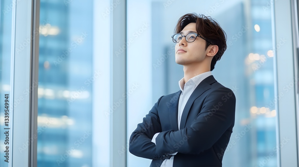 Confident Asian Businessman in Suit Looking Up, Office Window, Vision, Future, Leadership. Confident Asian Businessman in Suit Looking Up, Office Window, Vision, Future, Leadership.