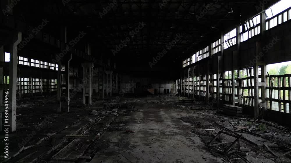 A large, decaying industrial hall with shattered windows, scattered debris, and a collapsing structure, illuminated by natural light from outside