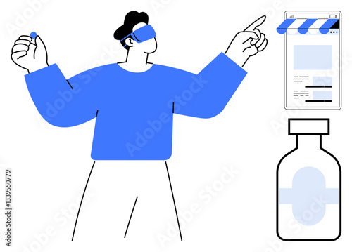 Human wearing headset engaged in virtual interaction. Digital medical interface and health-related bottle in view. Ideal for technology, virtual reality, healthcare, innovation, medicine, augmented