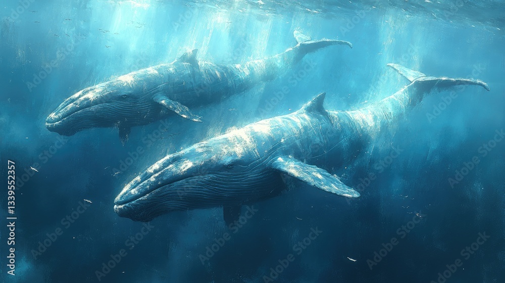 Fototapeta premium Two majestic humpback whales swim gracefully underwater, sunlight filtering through the ocean's surface. Illustrates marine life, ocean conservation, and the beauty of underwater worlds.