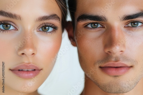 Close-up portrait of a young woman and man with flawless skin, symmetrical features, and striking eyes, representing beauty, skincare, and diversity
