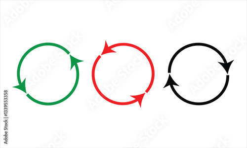 Single head red green black circular arrow icon set. One ended arrow illustration. Multi colored single headed arrow icon set. Semi circular red black green arrow icon set. Replaceable vector design.