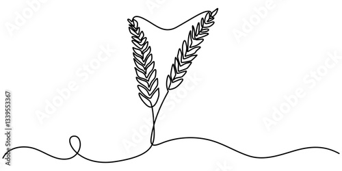 Ears of  wheat  one continuous line drawing .Fall harvest line art. Vector  one line of spikelet. Thanksgiving symbol, One continuous line drawing of ears of wheat or rice. Organic healthy agriculture