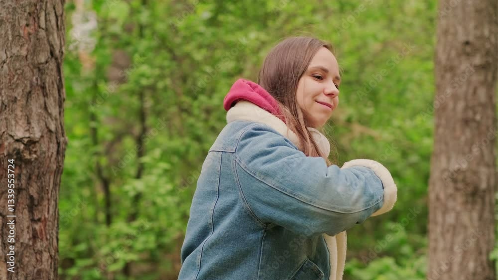 Young Woman Enjoys Music and Dances Joyfully in a Lush Green Forest Setting Young Woman Enjoys Music and Dances Joyfully in a Lush Green Forest Setting