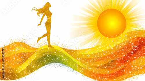 Vibrant sun and dancing girl illustration with wave background, symbolizing hope and freedom