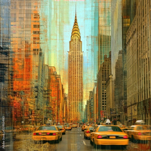 A busy street scene featuring taxis and towering skyscrapers