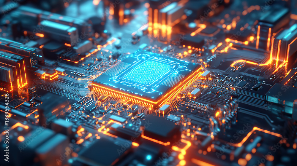 Digital Microprocessor Circuit, Advanced Technology Chip Design, Neon Circuitry Board with Processor, AI Digital Microprocessor Circuit, Advanced Technology Chip Design, Neon Circuitry Board with Processor, AI