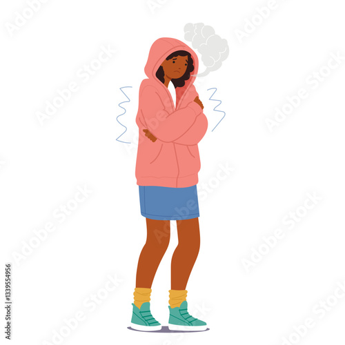 Young woman cartoon character suffering from cold temperature shivering and trembling body