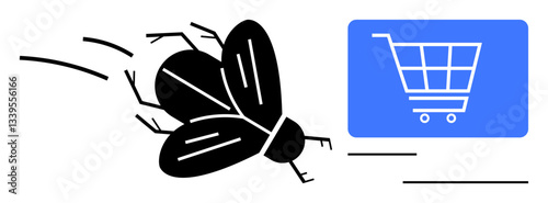 Fly buzzing near blue online shopping cart. Ideal for e-commerce, digital issues, tech disruptions, consumer behavior, online marketing, problem-solving, communication. Flat simple metaphor