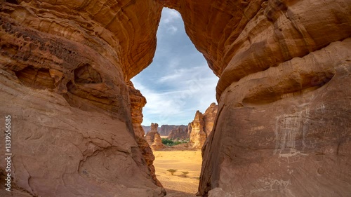 Time lapse of sunrise camping at bottle shape rock formation near elephant rock in Alula, Madinah,  Saudi Arabia