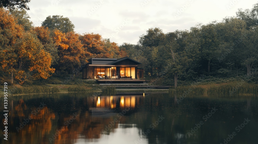 Fototapeta premium A modern cabin overlooking a lake surrounded by autumn trees