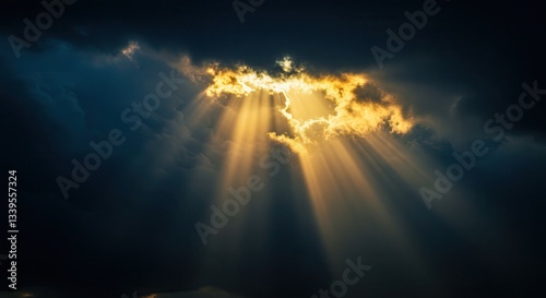 Rays of Sunlight Streaming Through Dark Clouds Dramatic Sky View