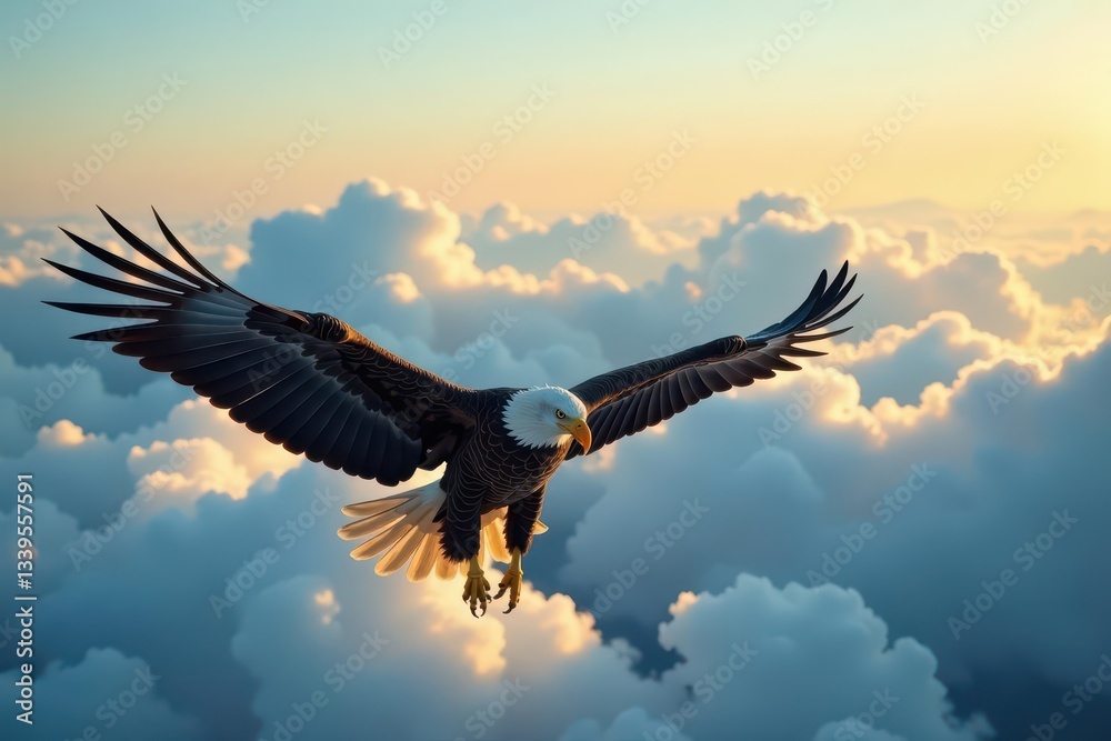 Naklejka premium A lone bald eagle, wings outstretched, dominates the vast expanse of clouds below , symbol, flying, national bird