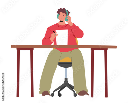 Teenage boy student cartoon character wearing headphones listening tutor studying language