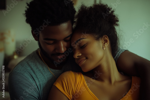 Loving couple embracing tenderly, peaceful and intimate moment. Relationship, romance, and connection. Great for lifestyle, love, and emotional storytelling photo