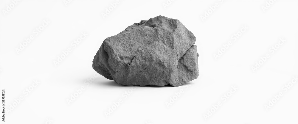 A single, rough-textured gray rock isolated on pure white, grey, isolated object A single, rough-textured gray rock isolated on pure white, grey, isolated object