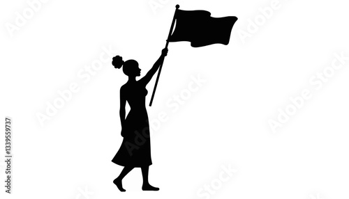 Minimalist black silhouette of a woman holding a flag for International Women’s Day