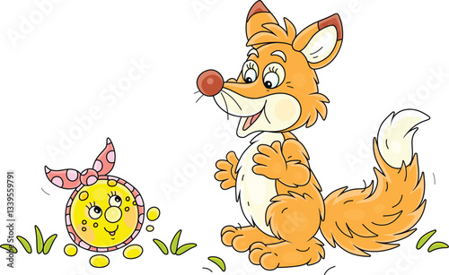 Sly red fox and a trusting freshly baked round loaf Kolobok talking on a path in a summer forest, vector cartoon illustration on a white background