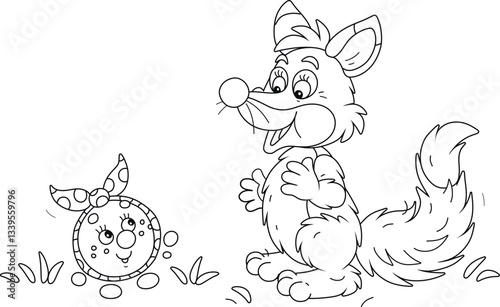 Sly fox and a trusting freshly baked round loaf Kolobok talking on a path in a summer forest, black and white outline vector cartoon illustration for a coloring book