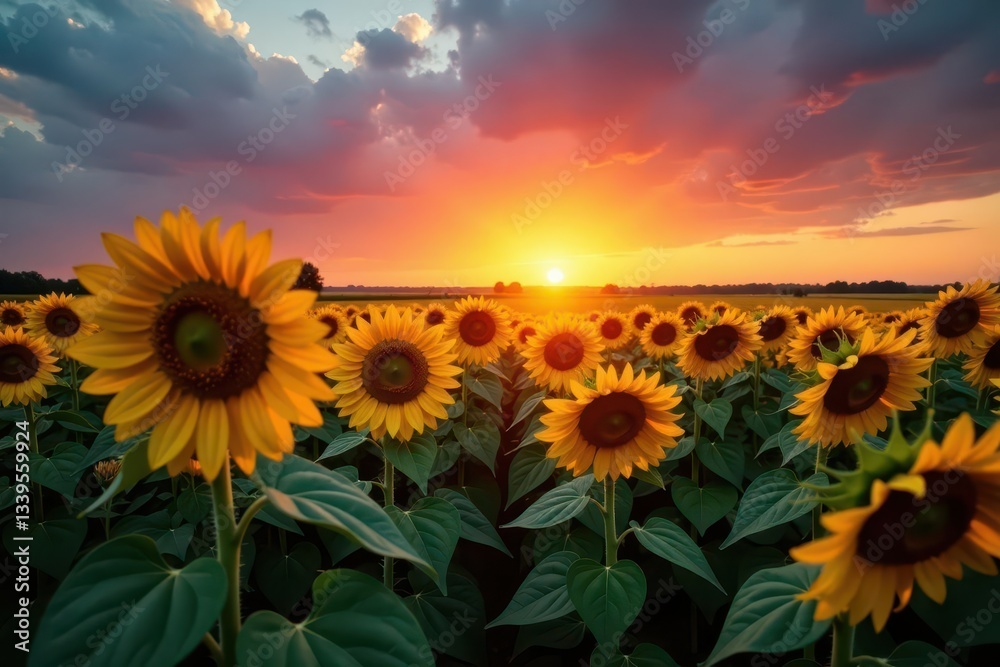 Obraz premium Sun-kissed sunflower field at dusk, fiery sky , beautiful, golden hour, plants