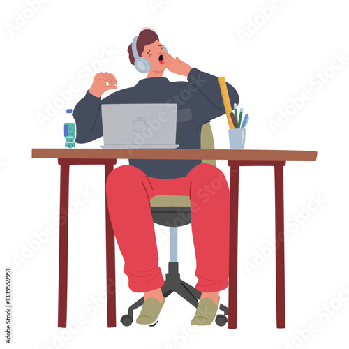 Teenage student yawning feeling tired sleepy and boring during studying online at computer laptop