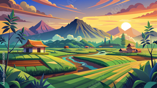 
beauty on morning light with amazing sky and color in indonesia nature panorama paddy fields natural beauty of bengkulu utara indonesia with mountain