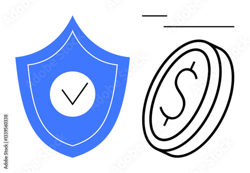 Blue shield with checkmark and outlined coin with dollar sign. Ideal for security, finance, investment, insurance, trust, economy, protection. Modern flat simple metaphor