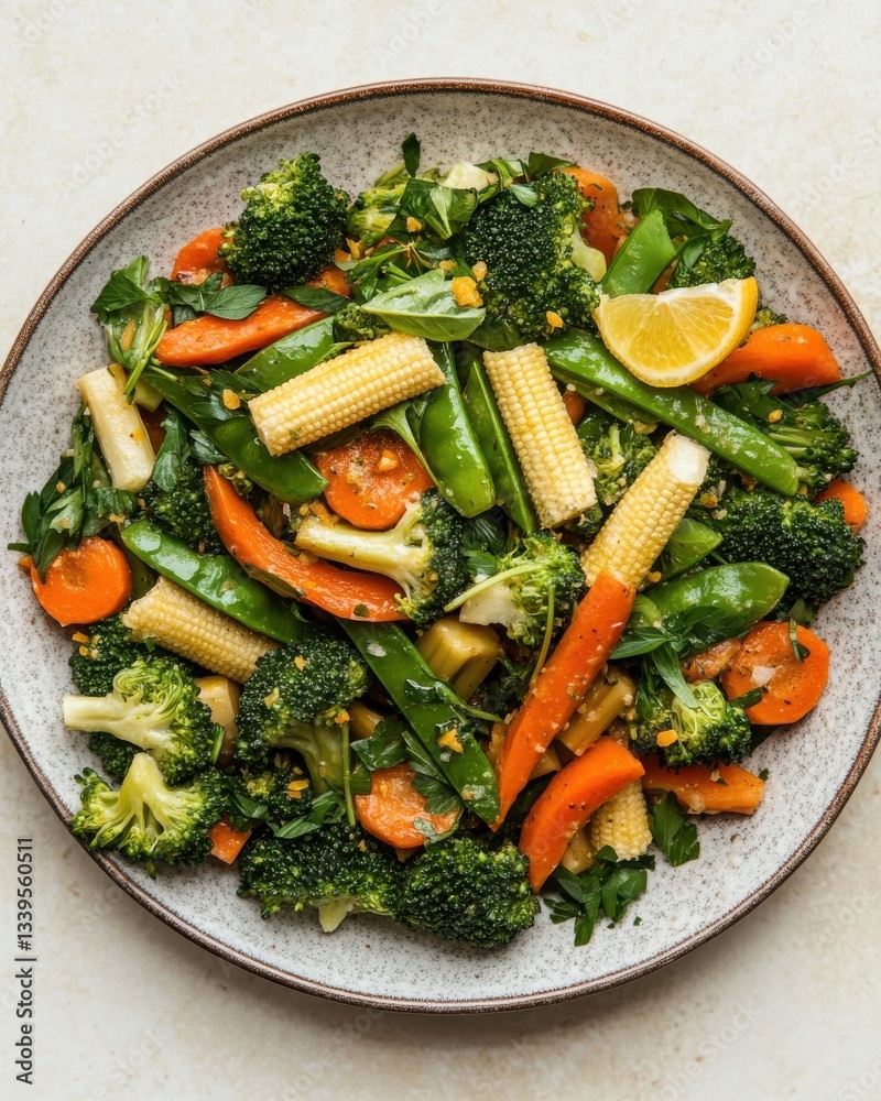Thai vegetable medley with lemongrass seasoning on plate shot from above in studio style raw v61 Thai vegetable medley with lemongrass seasoning on plate shot from above in studio style raw v61