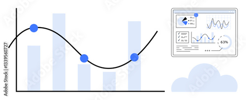Bar chart with trend line, data points, interactive dashboard, cloud concept. Ideal for analytics, insights, finance, SaaS technology big data innovation. Flat simple metaphor