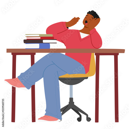Lazy teenage student guy cartoon character yawning feeling sleepy and boring while studying