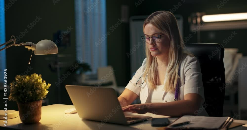 A dedicated medical worker focused on tasks at night, illuminated by warm light in a clinical setting. A dedicated medical worker focused on tasks at night, illuminated by warm light in a clinical setting.