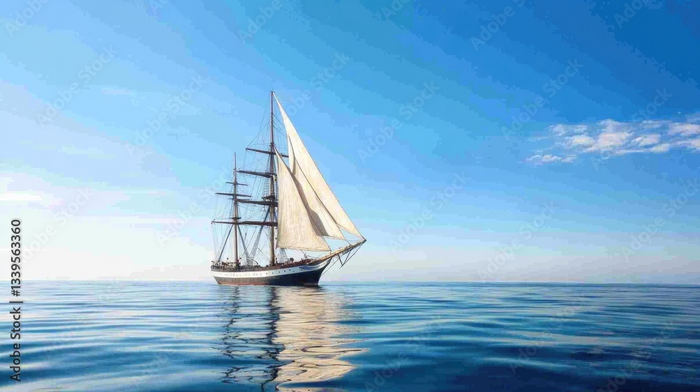 Naklejka premium stunning image of majestic tall ship gracefully sailing on tranquil ocean waters under vast clear blue sky
